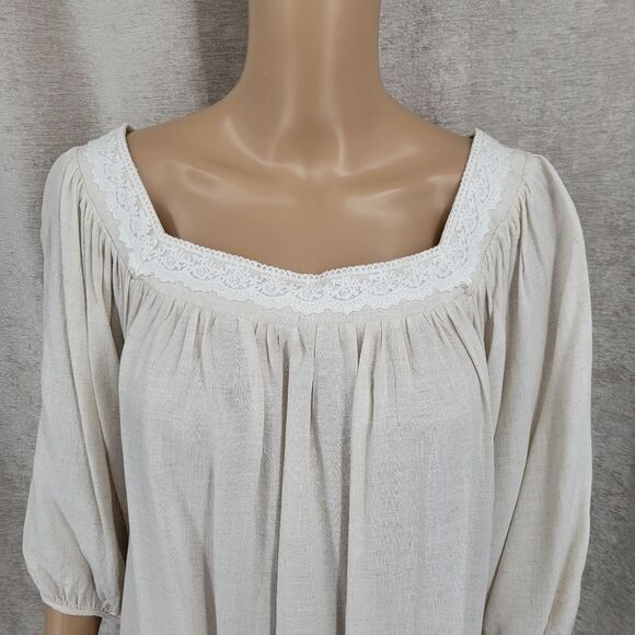 Allie Rose Linen Blend Peasant Blouse Top Beige Oatmeal White Crochet Lace NEW - Picture 2 of 11